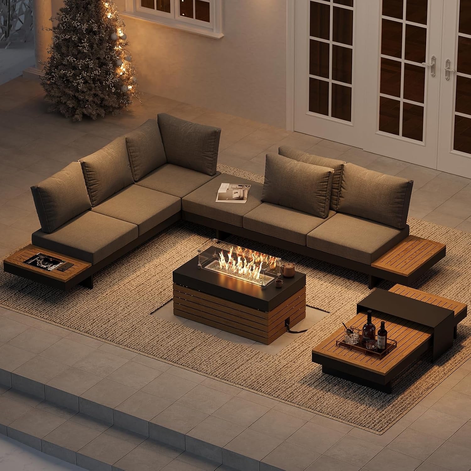 Homary Modular Patio Conversation Set with Fire Pit | Aluminum & Teak Outdoor Sofa Seating for 6