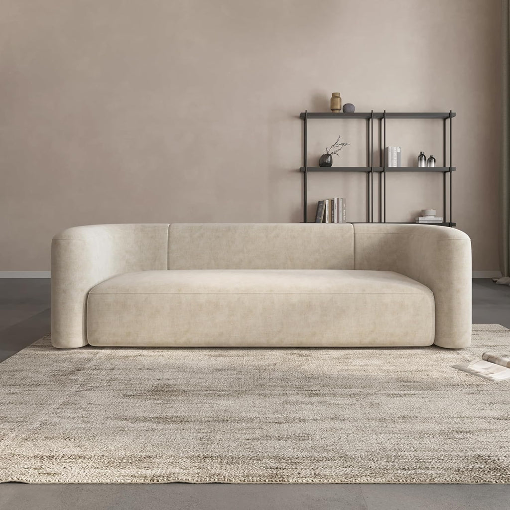 Acanva Luxury Curved Velvet Sofa (3-Seater) | Modern Minimalist Cream Upholstery