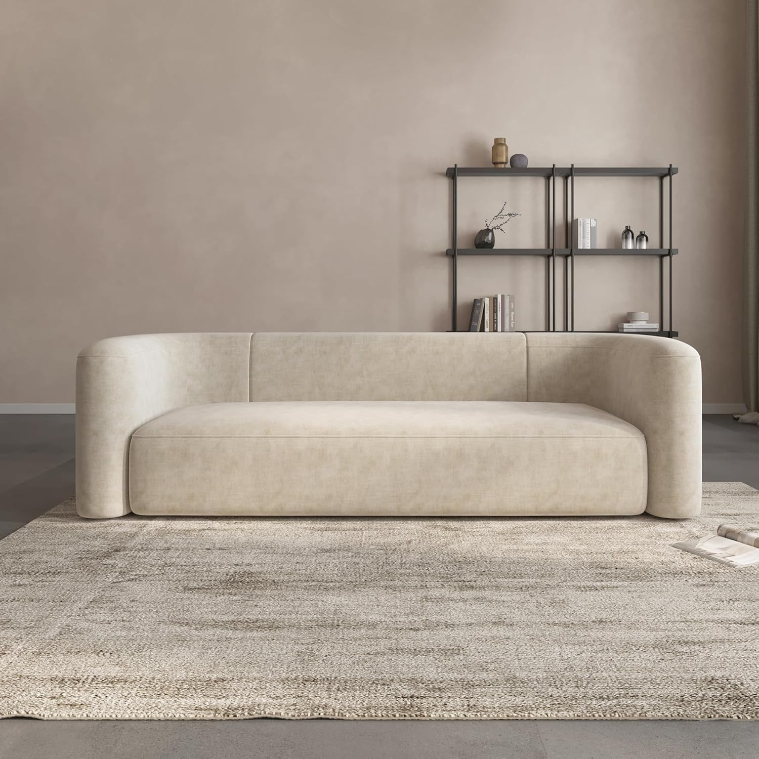 Acanva Luxury Curved Velvet Sofa (3-Seater) | Modern Minimalist Cream Upholstery
