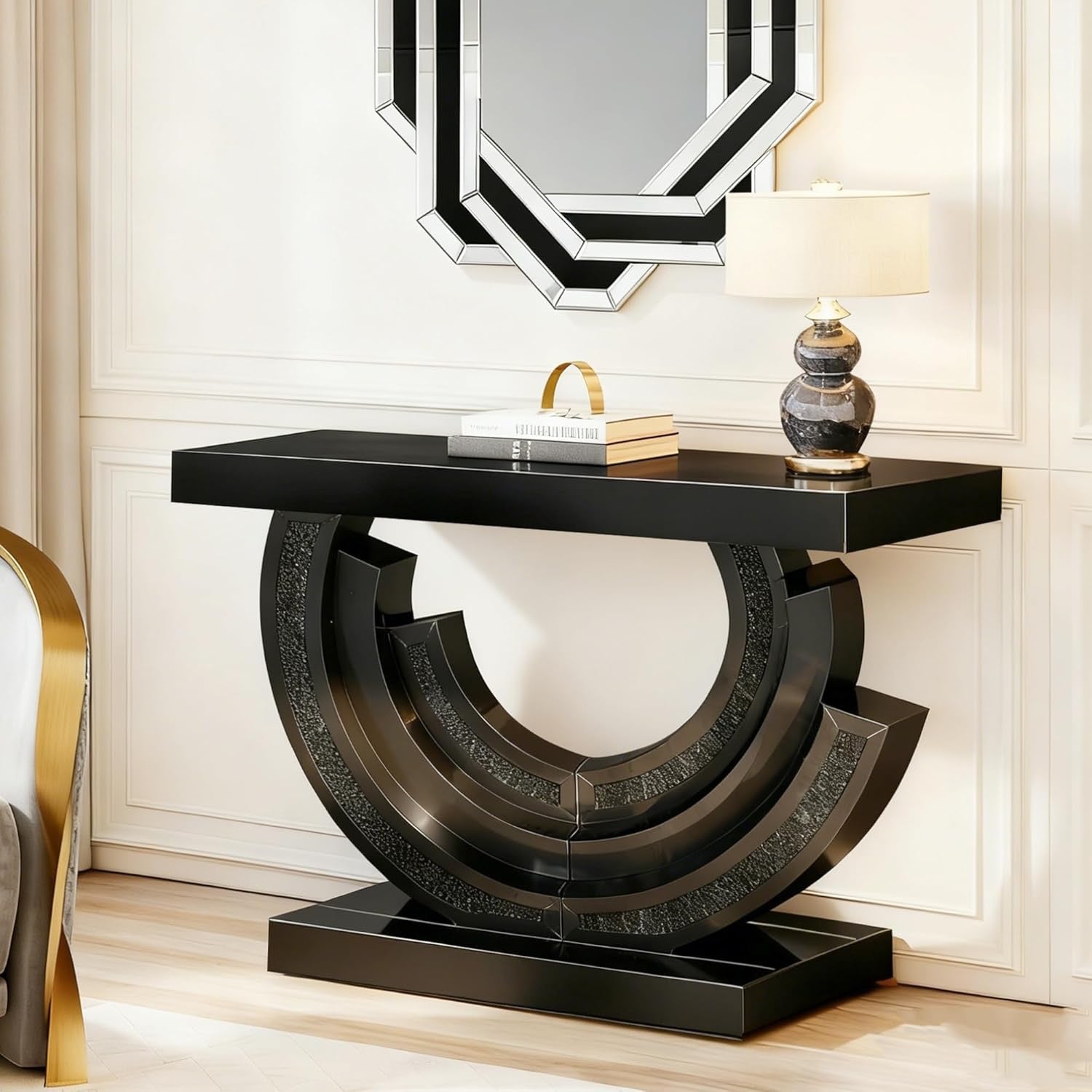 42.9” Mirrored Console Table | Crushed Diamond Inlay Entryway Sofa Table with C-Shaped Base (Black)