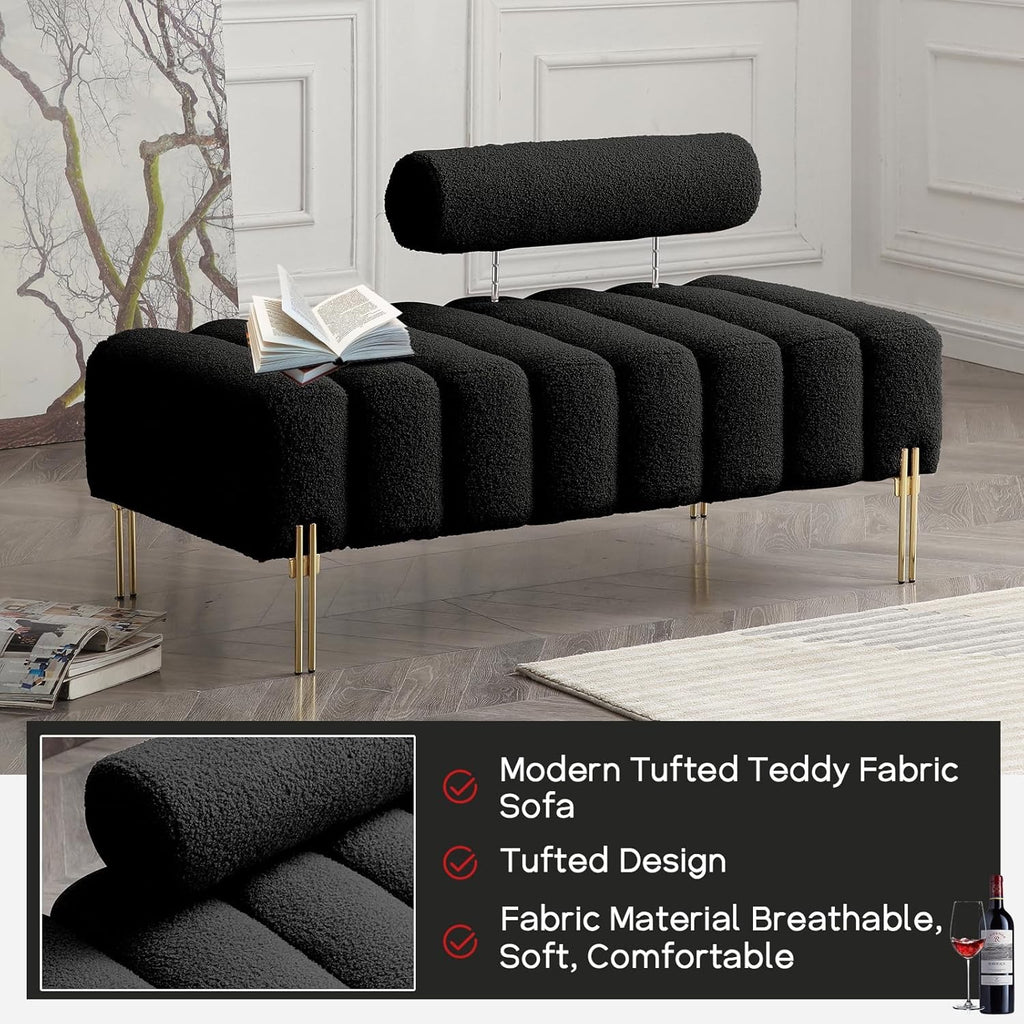 NIOIIKIT 53" Modern Teddy Loveseat | Black Upholstered Accent Sofa with Gold Legs