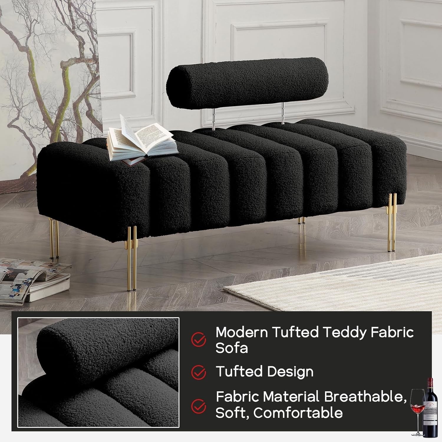 NIOIIKIT 53" Modern Teddy Loveseat | Black Upholstered Accent Sofa with Gold Legs