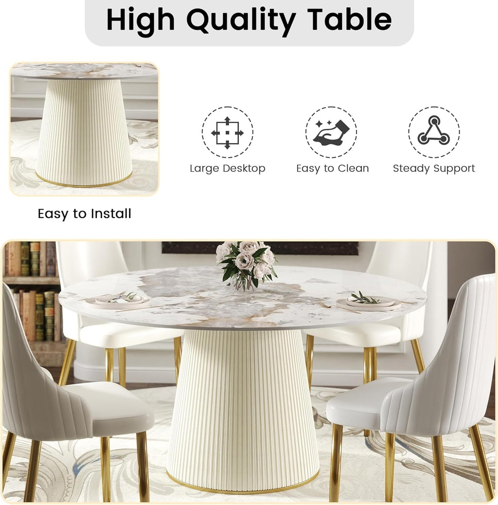 59.05" Modern Round Dining Table White Stone Top | Beige PU Base Pedestal Table for 8 | Contemporary Dining Room Statement