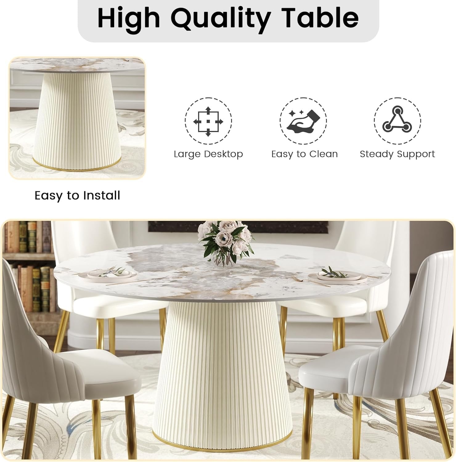 59.05" Modern Round Dining Table White Stone Top | Beige PU Base Pedestal Table for 8 | Contemporary Dining Room Statement