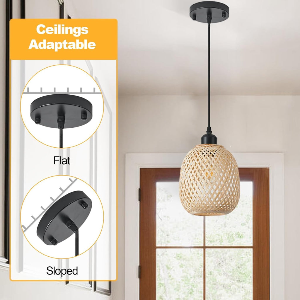 TERLEENART Rattan Bamboo Pendant Lights Set of 2 | Mid-Century Bohemian Woven Ceiling Lighting