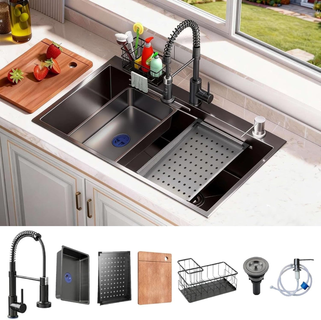 32x19 Black Stainless Steel Drop-In Kitchen Sink – Single Bowl Workstation Sink with Faucet & Accessories