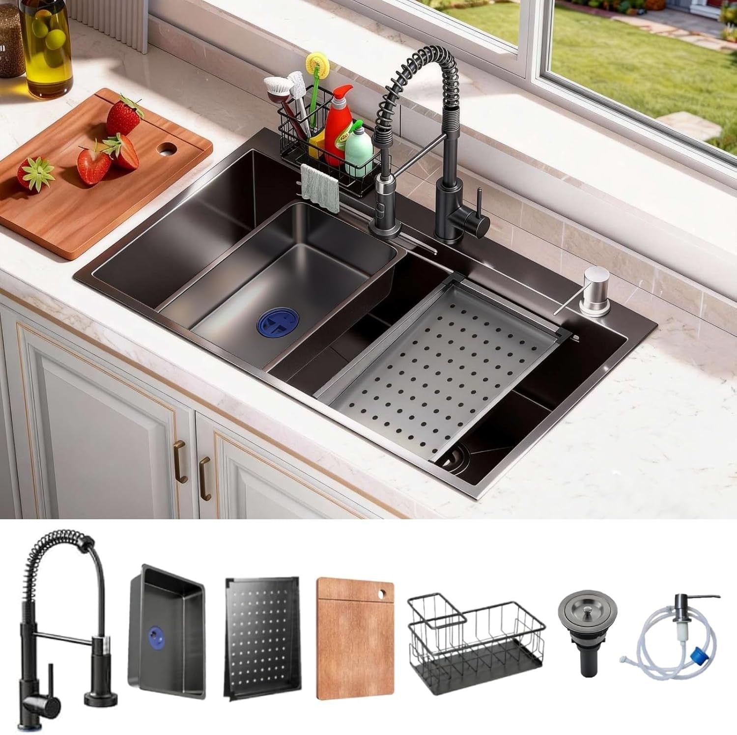 32x19 Black Stainless Steel Drop-In Kitchen Sink – Single Bowl Workstation Sink with Faucet & Accessories
