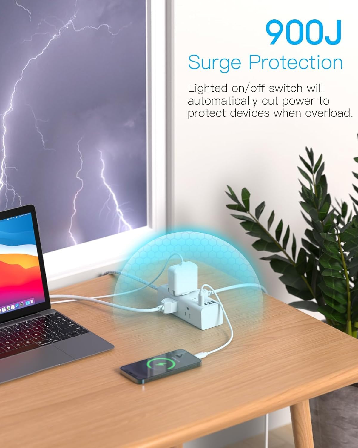 One Beat 10-Ft Power Strip Surge Protector | 6 Wide AC Outlets + 4 USB Ports (2 USB-C) with Flat Plug