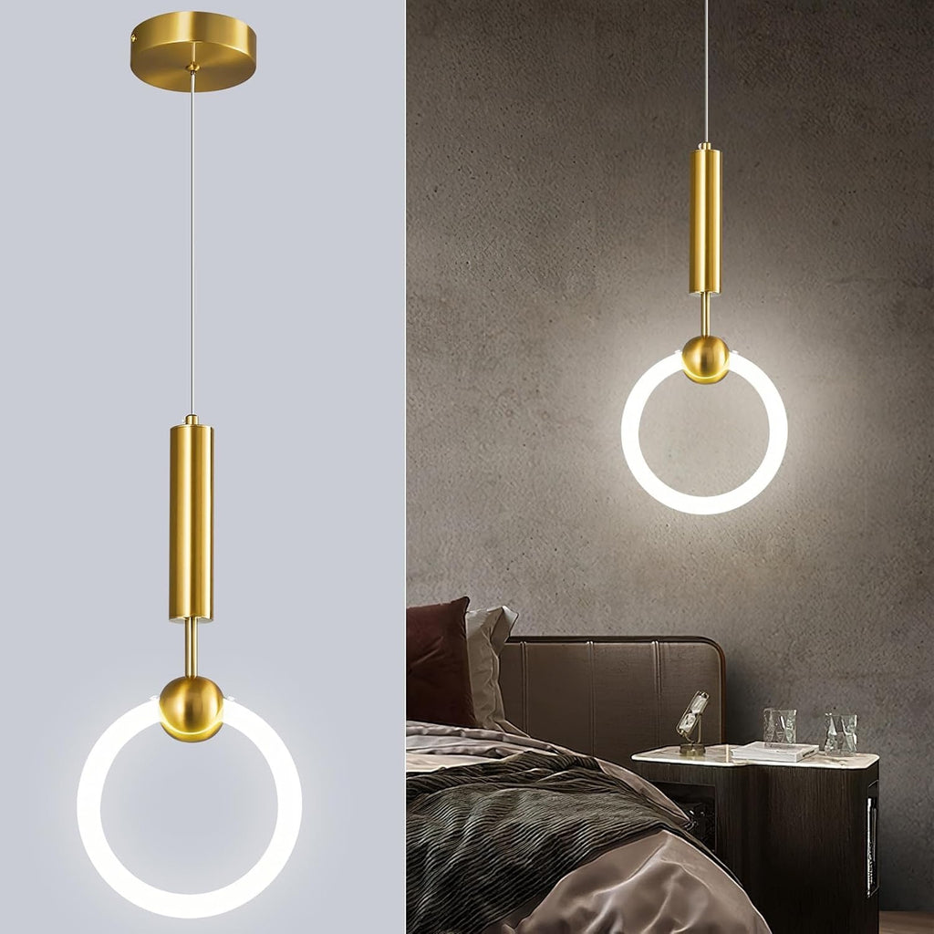Modern Gold LED Circular Pendant Light | Minimalist Hanging Chandelier for Kitchen Island & Dining Room