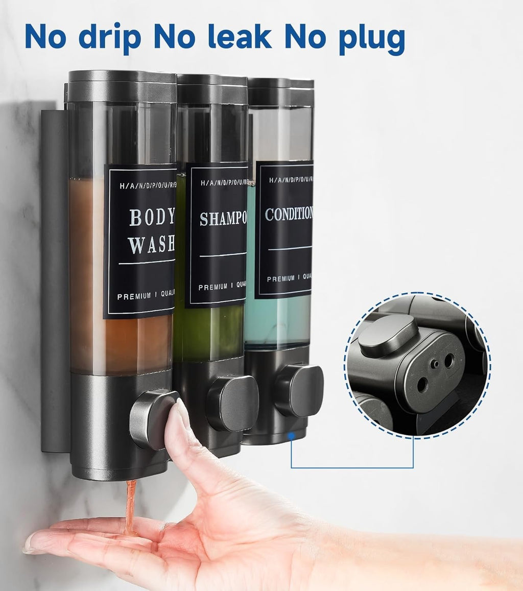 Wall Mounted Shower Soap Dispenser 3 Chamber Gunmetal Gray | No Drill Shampoo Conditioner Dispenser with Labels Bathroom Hotel