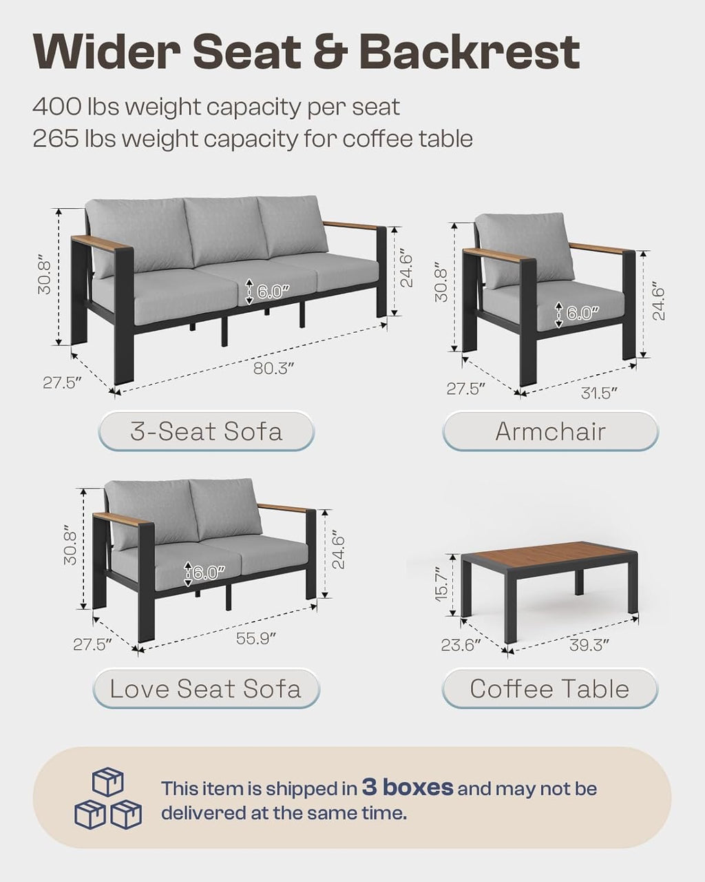 4-Piece Aluminum Outdoor Patio Conversation Set | Gray Sectional Seating with Coffee Table