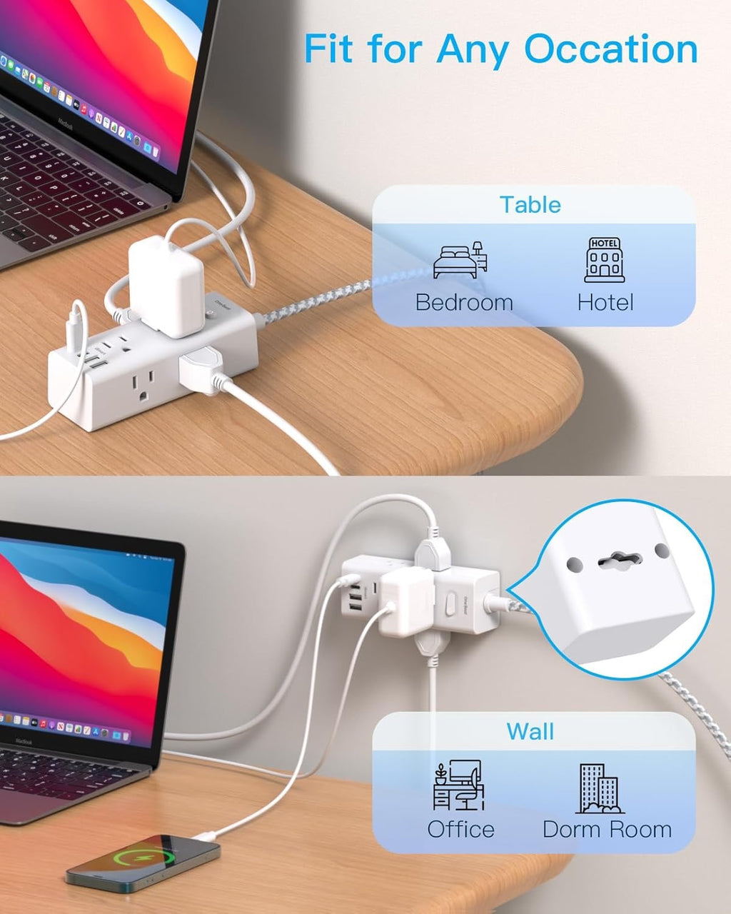 One Beat 10-Ft Power Strip Surge Protector | 6 Wide AC Outlets + 4 USB Ports (2 USB-C) with Flat Plug