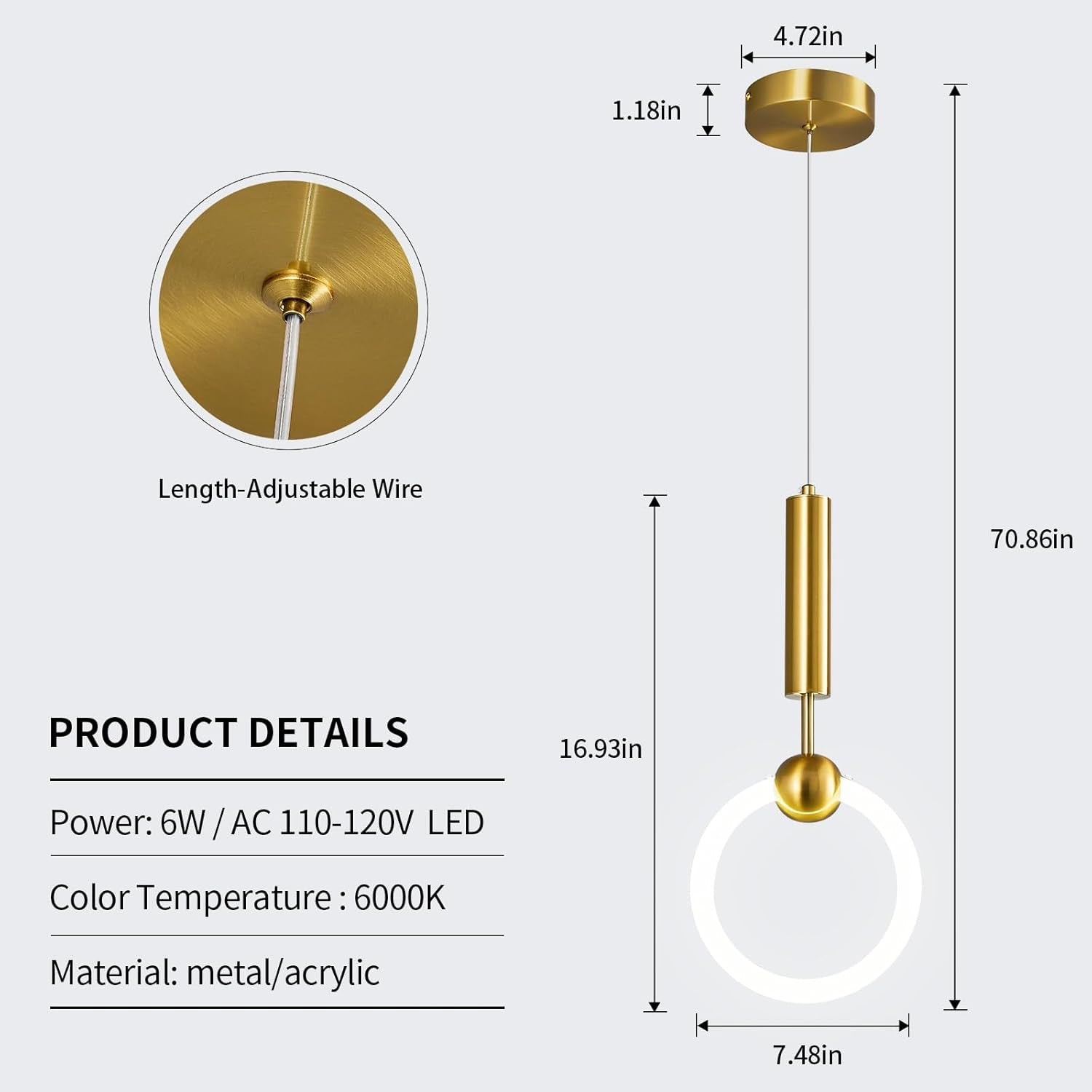 Modern Gold LED Circular Pendant Light | Minimalist Hanging Chandelier for Kitchen Island & Dining Room