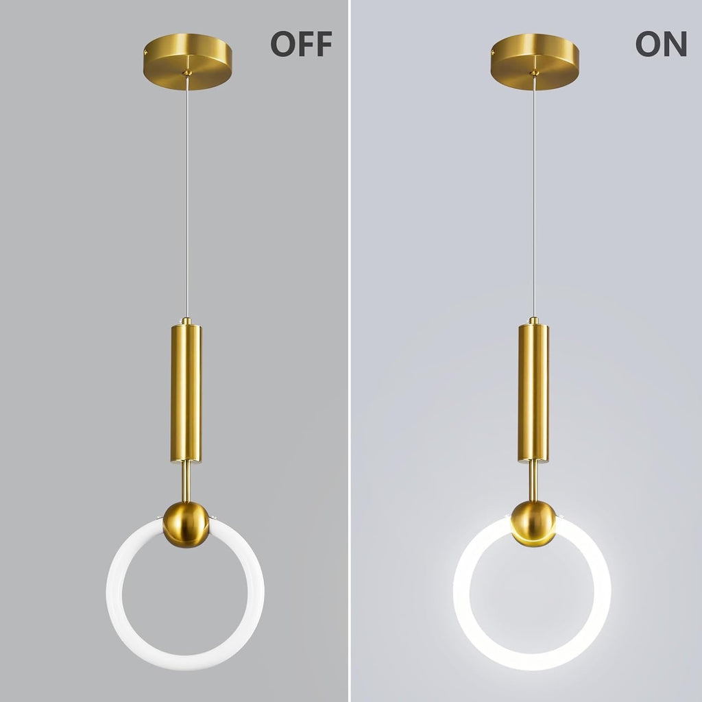 Modern Gold LED Circular Pendant Light | Minimalist Hanging Chandelier for Kitchen Island & Dining Room
