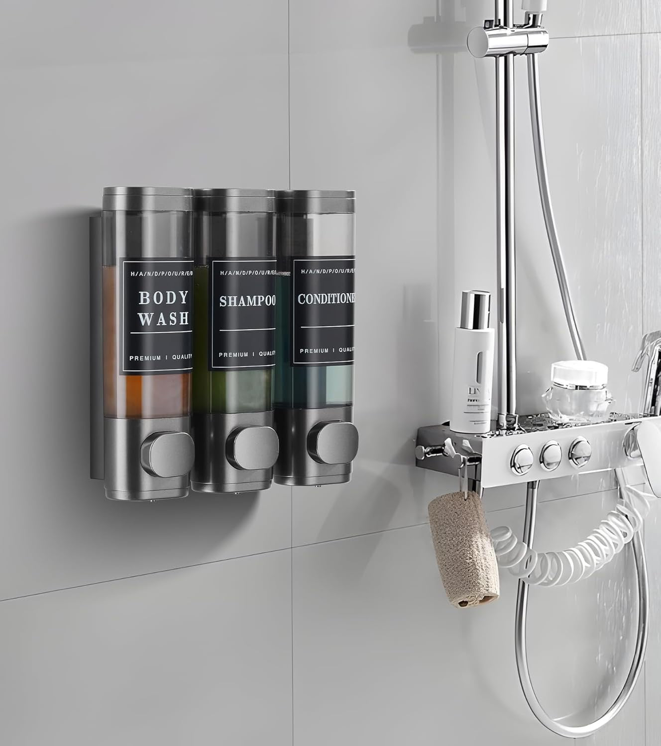 Wall Mounted Shower Soap Dispenser 3 Chamber Gunmetal Gray | No Drill Shampoo Conditioner Dispenser with Labels Bathroom Hotel