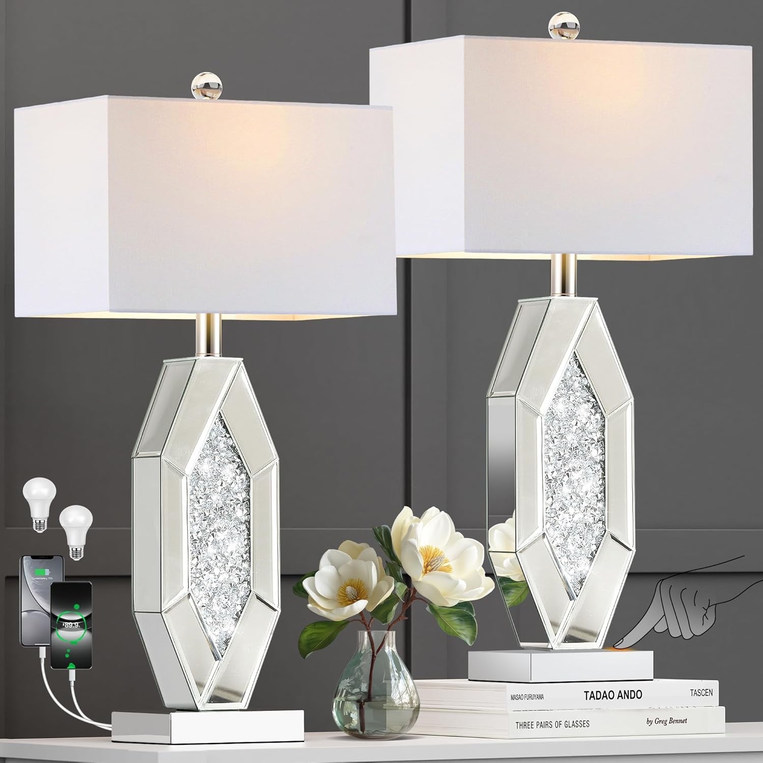 Hamucd Mirrored Crystal Table Lamps Set of 2 | 3-Way Dimmable Touch Lamps with USB Charging (Chrome)