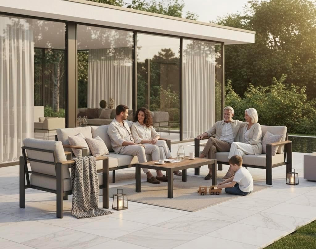 4-Piece Aluminum Outdoor Patio Conversation Set | Gray Sectional Seating with Coffee Table