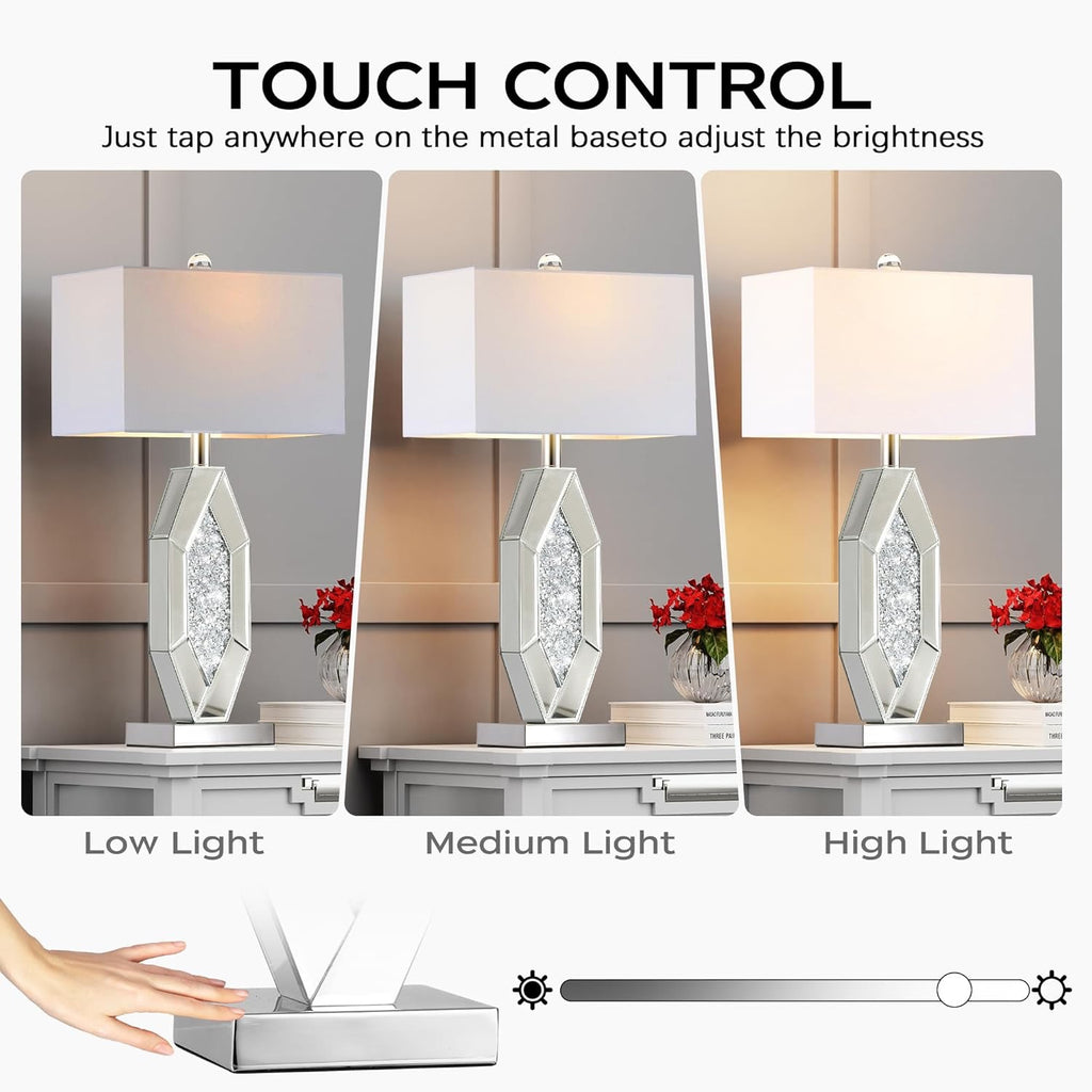 Hamucd Mirrored Crystal Table Lamps Set of 2 | 3-Way Dimmable Touch Lamps with USB Charging (Chrome)