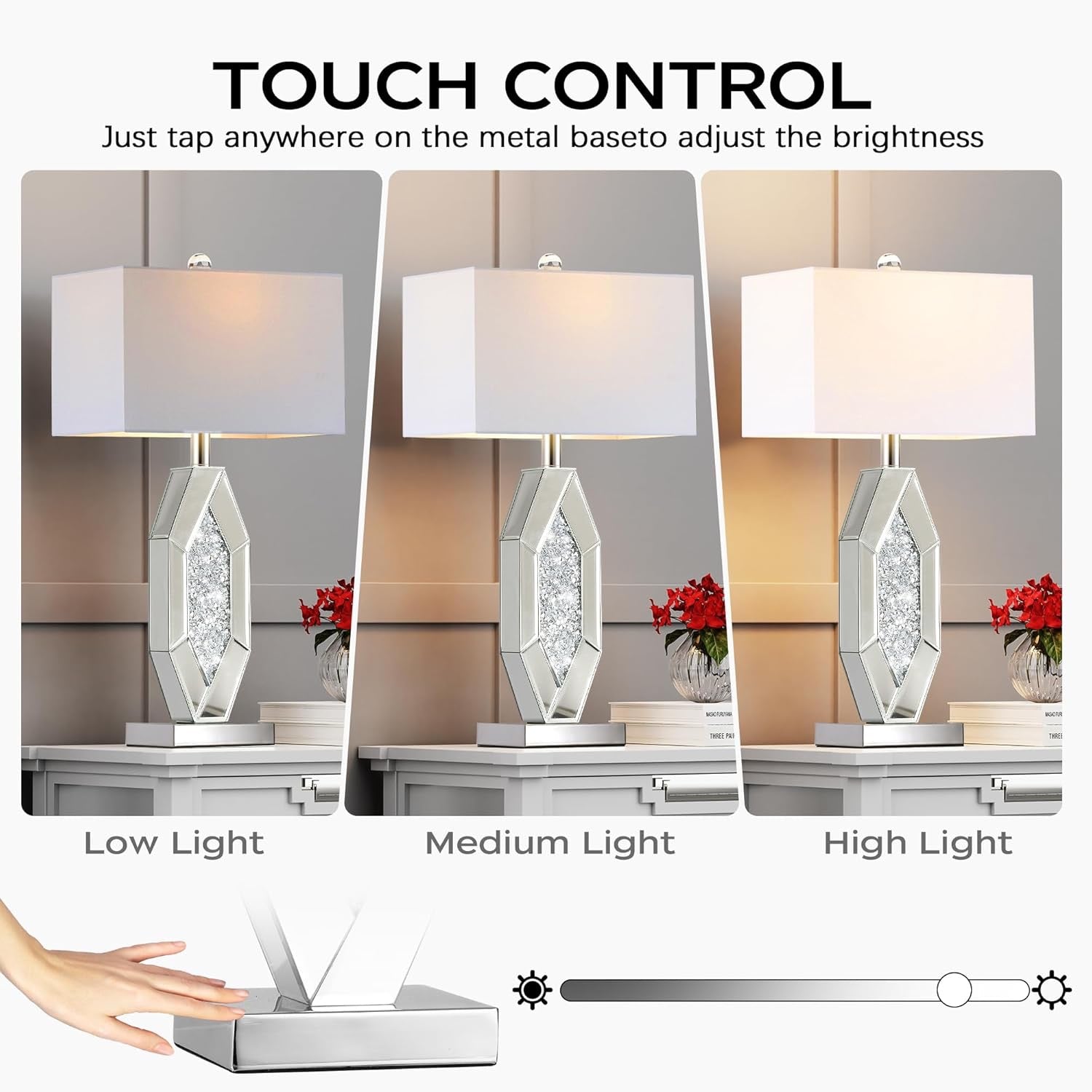 Hamucd Mirrored Crystal Table Lamps Set of 2 | 3-Way Dimmable Touch Lamps with USB Charging (Chrome)