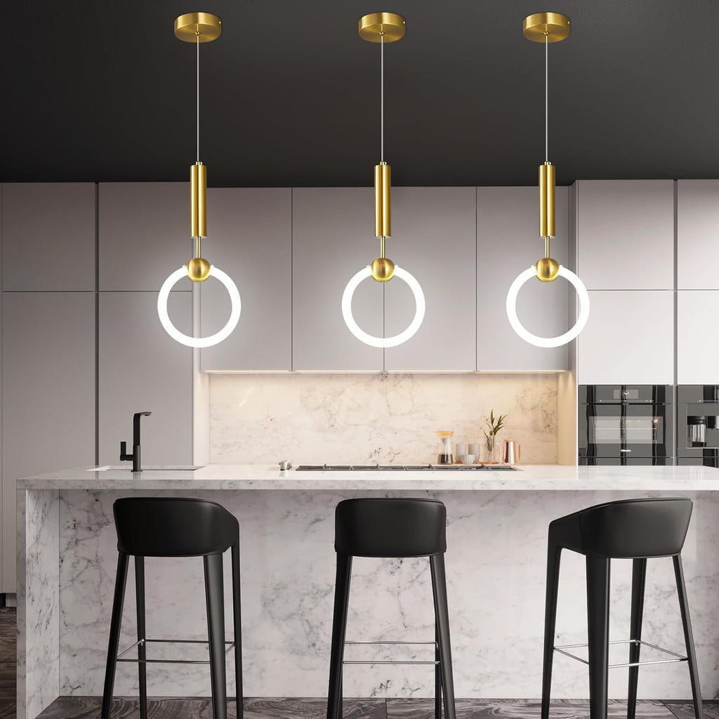 Modern Gold LED Circular Pendant Light | Minimalist Hanging Chandelier for Kitchen Island & Dining Room
