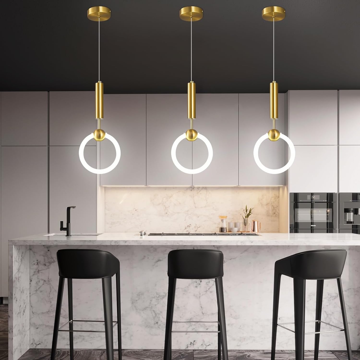 Modern Gold LED Circular Pendant Light | Minimalist Hanging Chandelier for Kitchen Island & Dining Room