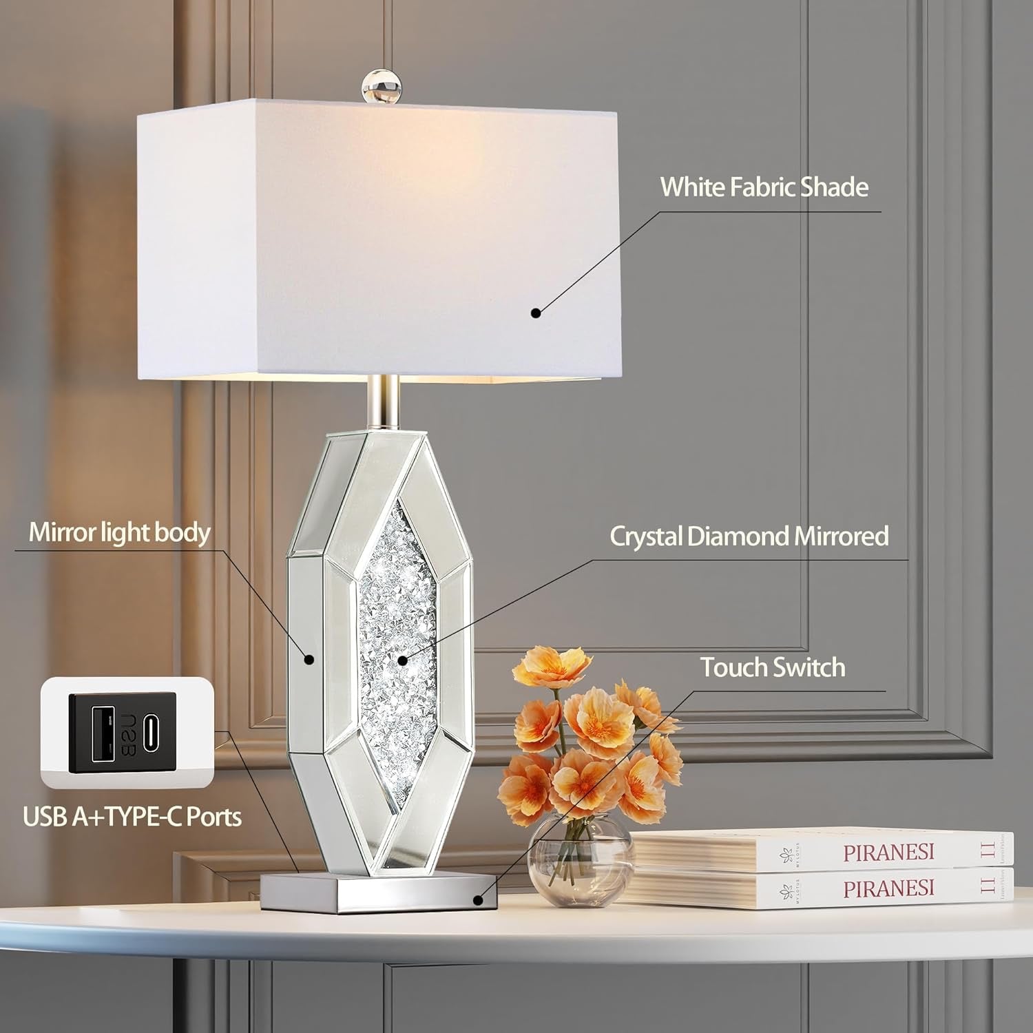 Hamucd Mirrored Crystal Table Lamps Set of 2 | 3-Way Dimmable Touch Lamps with USB Charging (Chrome)