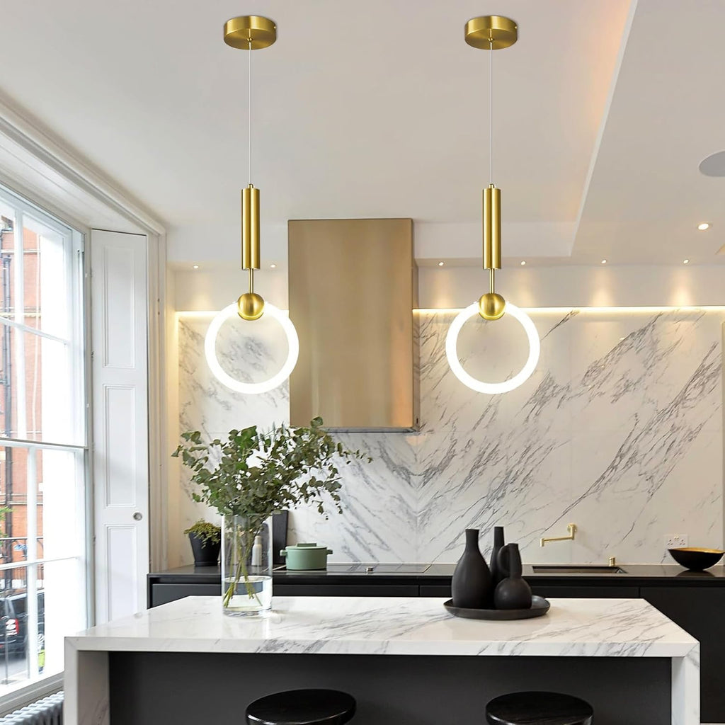 Modern Gold LED Circular Pendant Light | Minimalist Hanging Chandelier for Kitchen Island & Dining Room