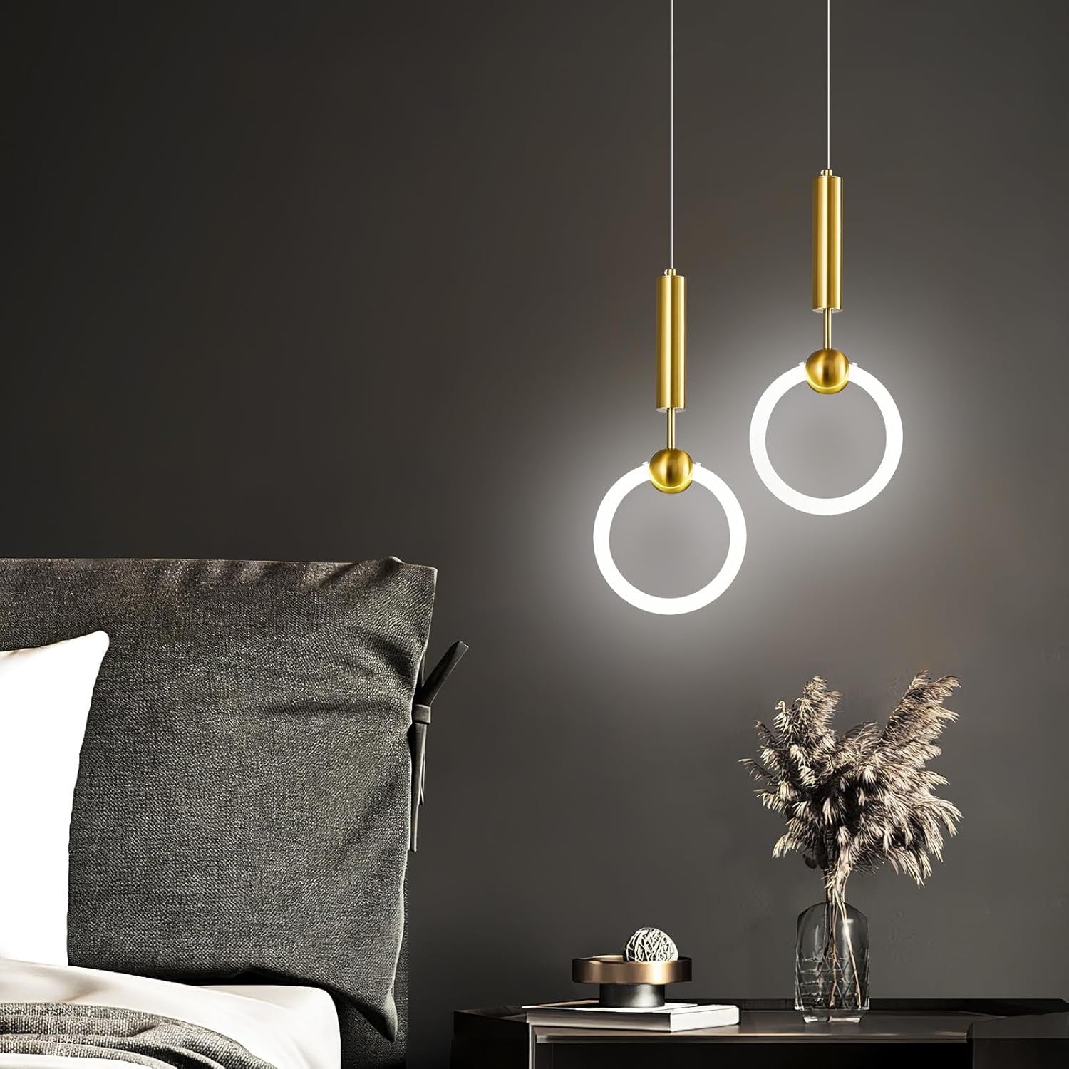 Modern Gold LED Circular Pendant Light | Minimalist Hanging Chandelier for Kitchen Island & Dining Room