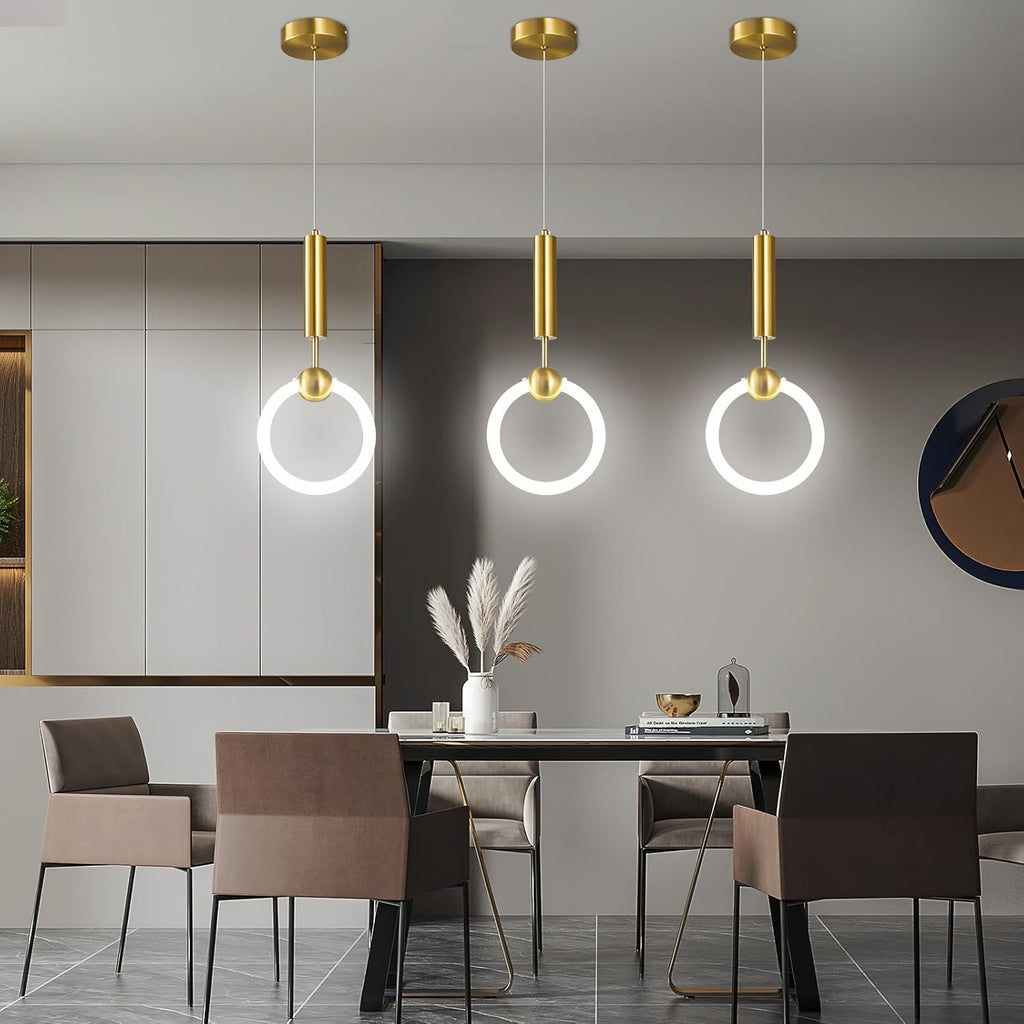 Modern Gold LED Circular Pendant Light | Minimalist Hanging Chandelier for Kitchen Island & Dining Room