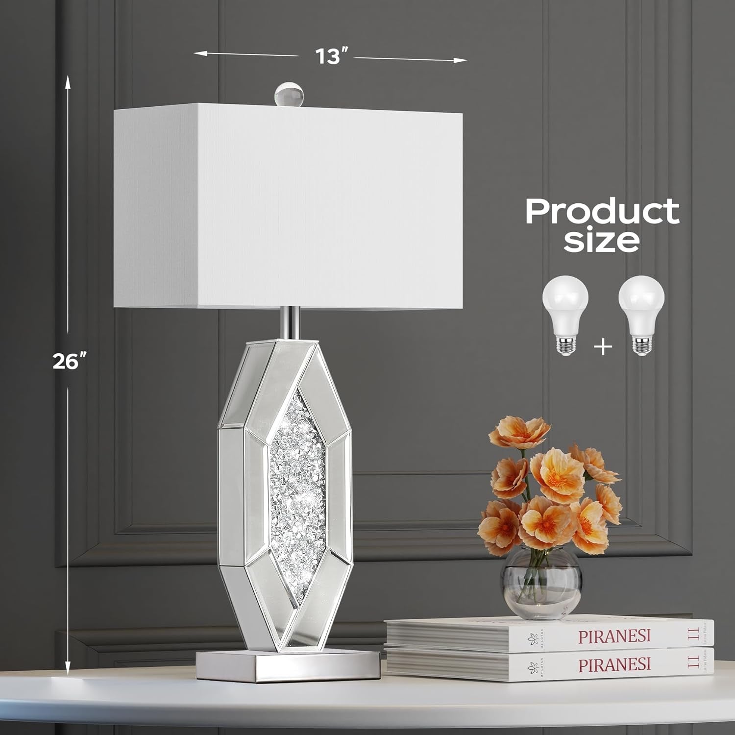 Hamucd Mirrored Crystal Table Lamps Set of 2 | 3-Way Dimmable Touch Lamps with USB Charging (Chrome)