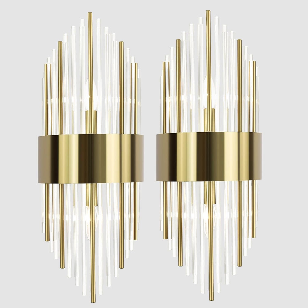 Modern Gold Crystal Wall Sconces Set of 2 | Brass & Glass 2-Light Vanity Wall Lighting