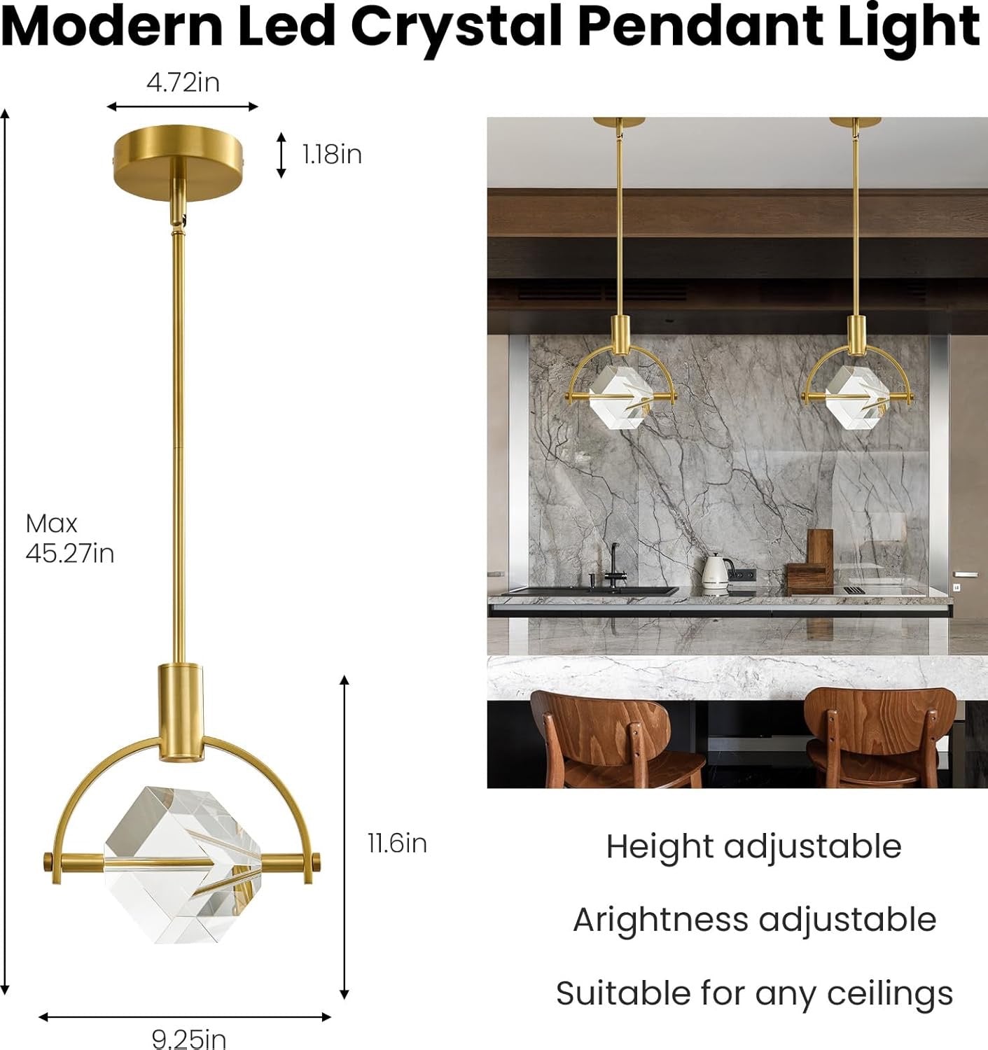 Modern Crystal LED Pendant Light Semi-Circle | K9 Crystal Brushed Gold Dimmable Hanging Light Fixture