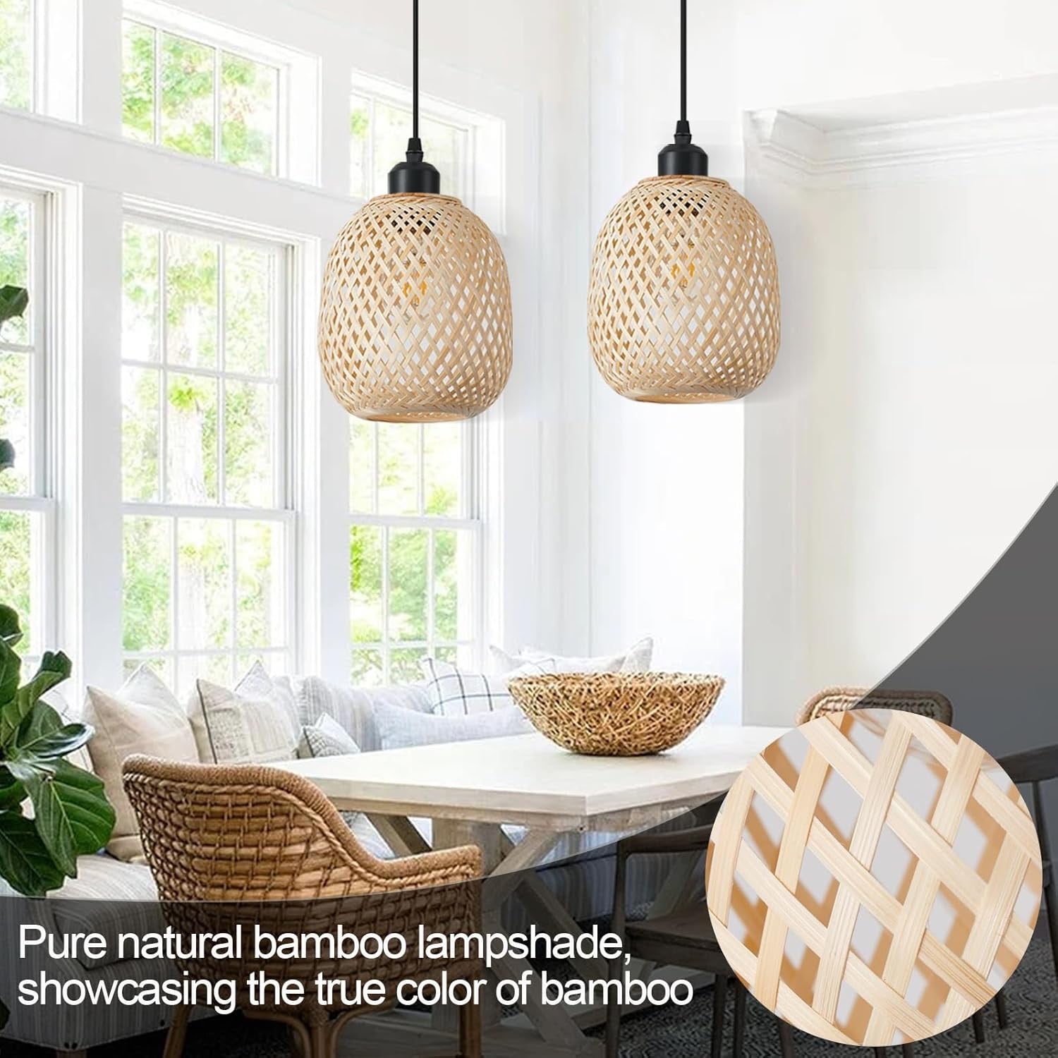 TERLEENART Rattan Bamboo Pendant Lights Set of 2 | Mid-Century Bohemian Woven Ceiling Lighting