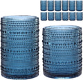 Vintage Blue Hobnail Drinking Glasses Set of 12 | 12oz & 15oz Embossed Glass Tumblers with Cleaning Brush (Retro Cocktail & Everyday Glassware Set)