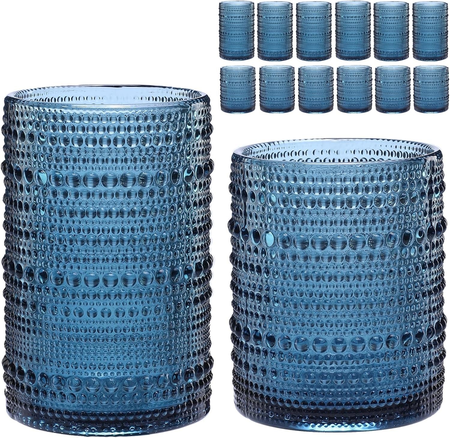 Vintage Blue Hobnail Drinking Glasses Set of 12 | 12oz & 15oz Embossed Glass Tumblers with Cleaning Brush (Retro Cocktail & Everyday Glassware Set)