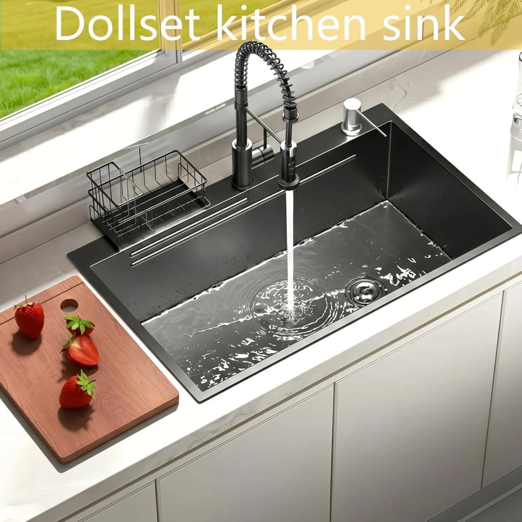 32x19 Black Stainless Steel Drop-In Kitchen Sink – Single Bowl Workstation Sink with Faucet & Accessories