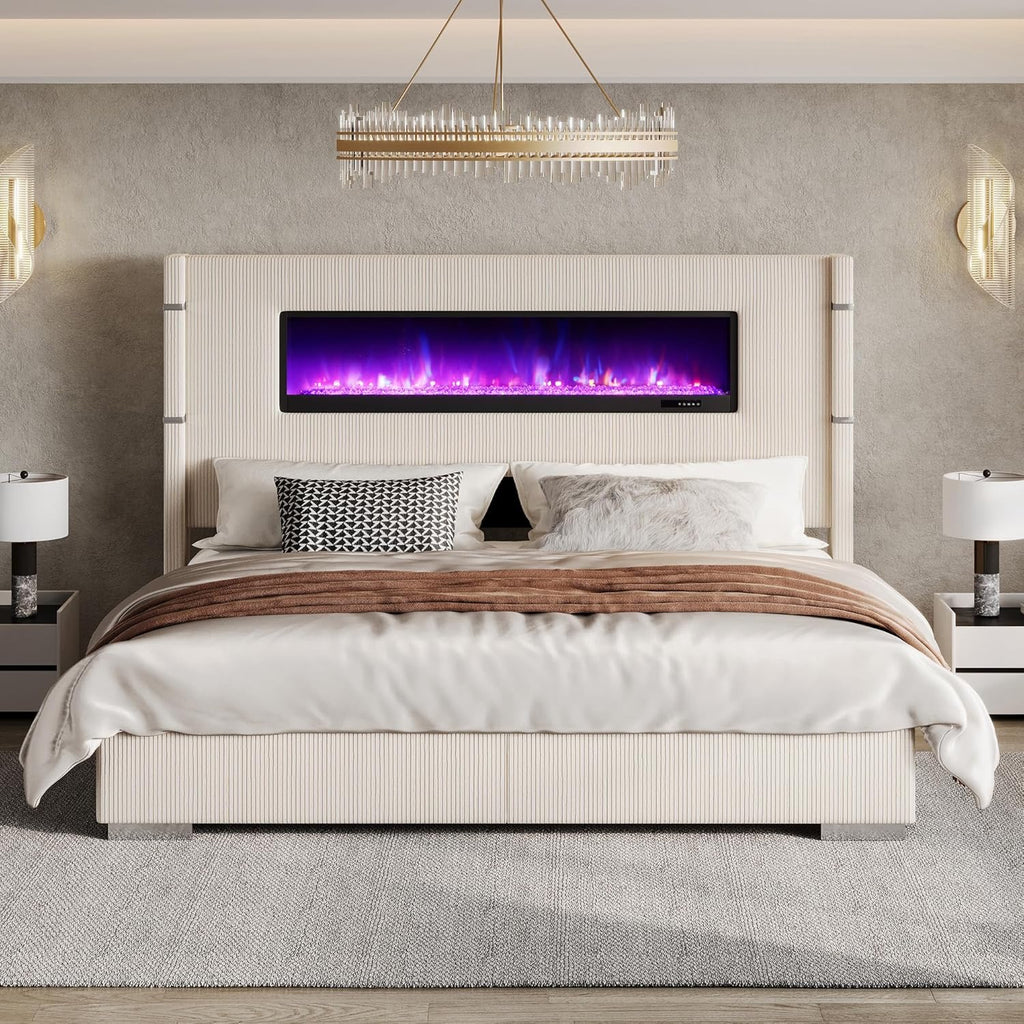AMERLIFE King Platform Bed with Fireplace | Corduroy Upholstered Wingback Bed with Tall Headboard – Beige