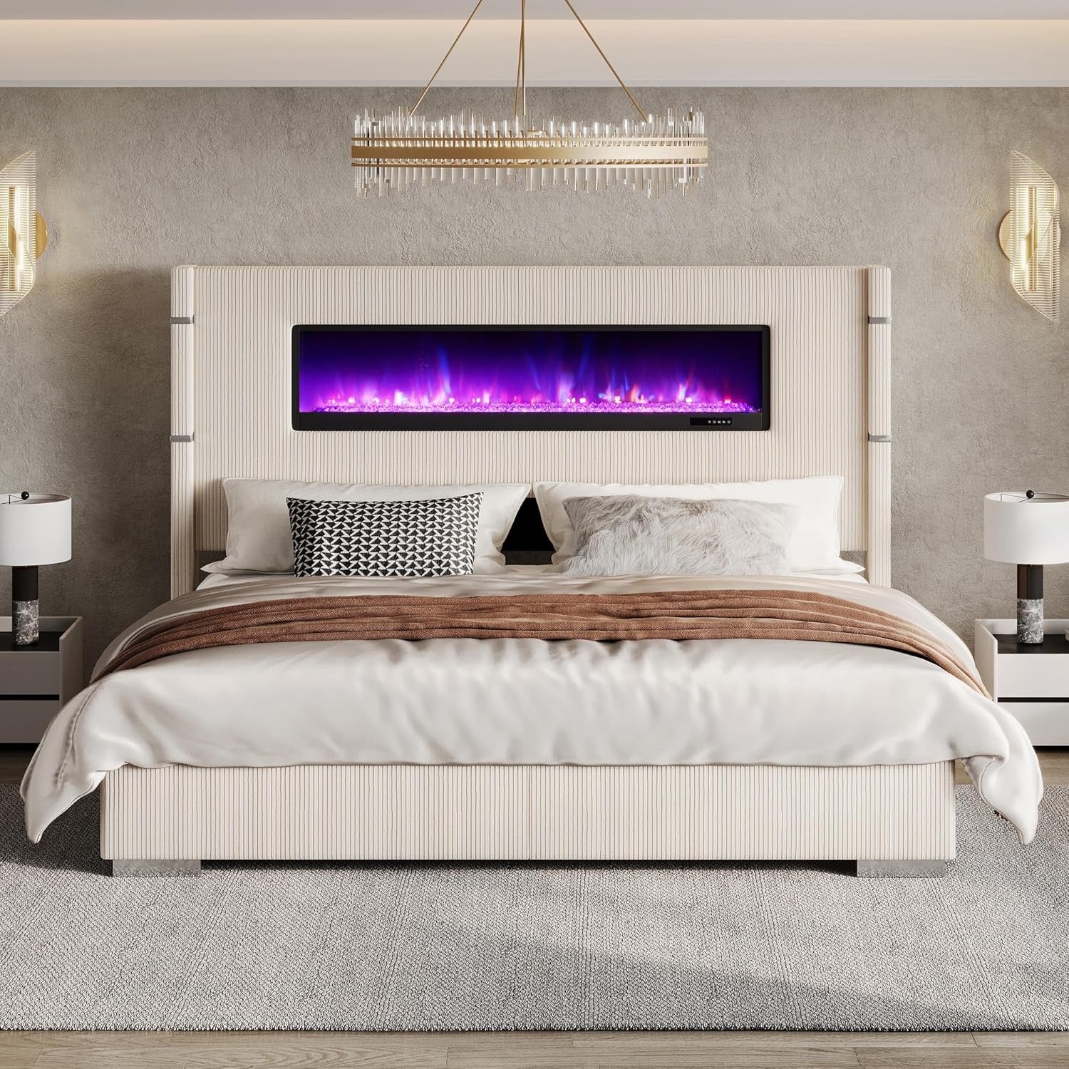 AMERLIFE King Platform Bed with Fireplace | Corduroy Upholstered Wingback Bed with Tall Headboard – Beige