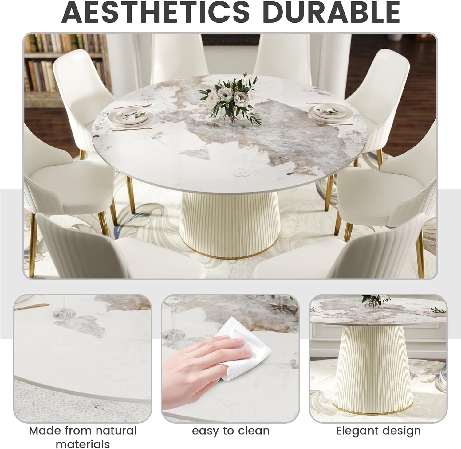 59.05" Modern Round Dining Table White Stone Top | Beige PU Base Pedestal Table for 8 | Contemporary Dining Room Statement