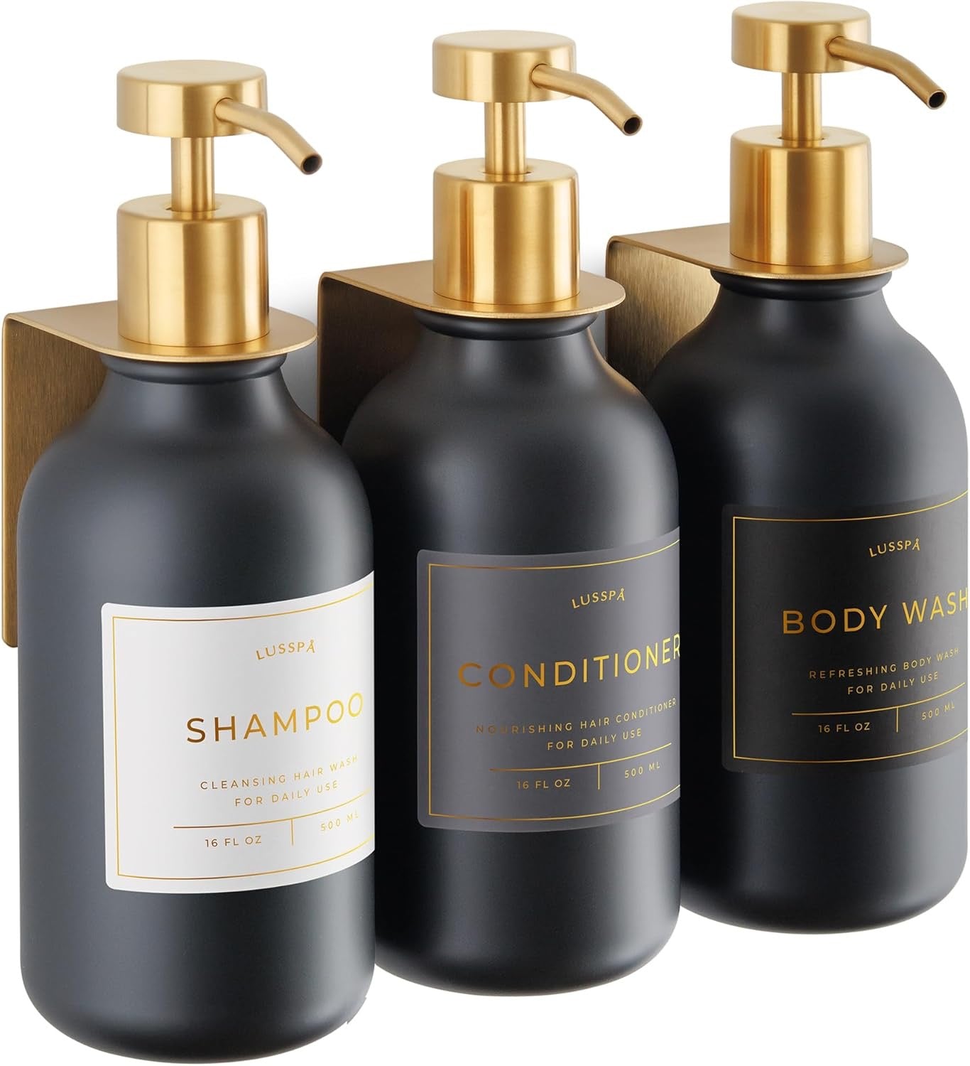 Wall Mounted Shower Dispenser Set 3 Bottles Black Gold | Refillable Shampoo Soap Dispensers No Drill Adhesive Bathroom Organizer