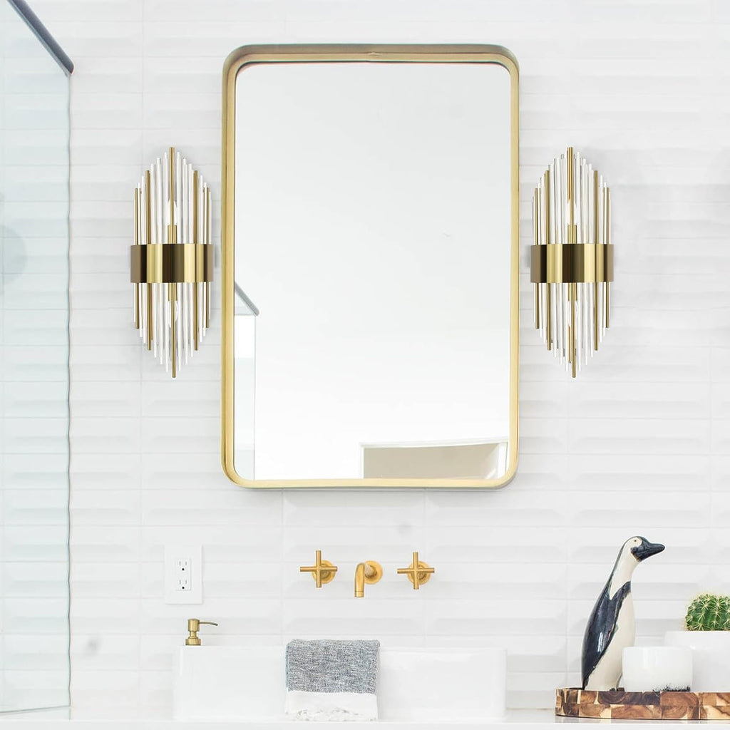 Modern Gold Crystal Wall Sconces Set of 2 | Brass & Glass 2-Light Vanity Wall Lighting
