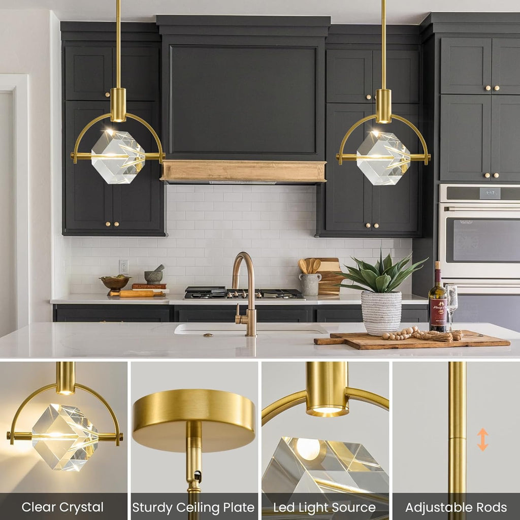 Modern Crystal LED Pendant Light Semi-Circle | K9 Crystal Brushed Gold Dimmable Hanging Light Fixture