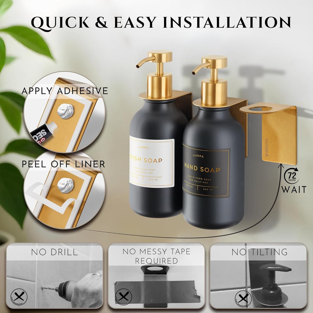 Wall Mounted Shower Dispenser Set 3 Bottles Black Gold | Refillable Shampoo Soap Dispensers No Drill Adhesive Bathroom Organizer