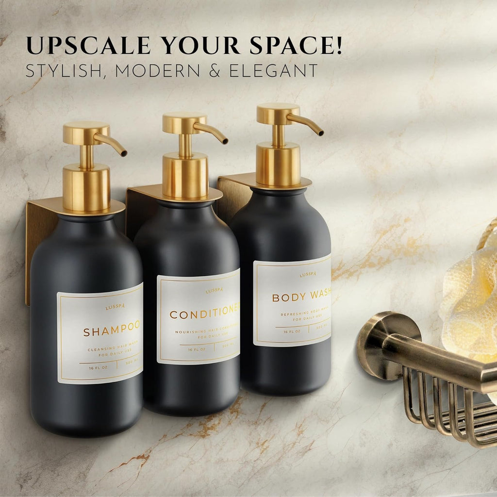 Wall Mounted Shower Dispenser Set 3 Bottles Black Gold | Refillable Shampoo Soap Dispensers No Drill Adhesive Bathroom Organizer