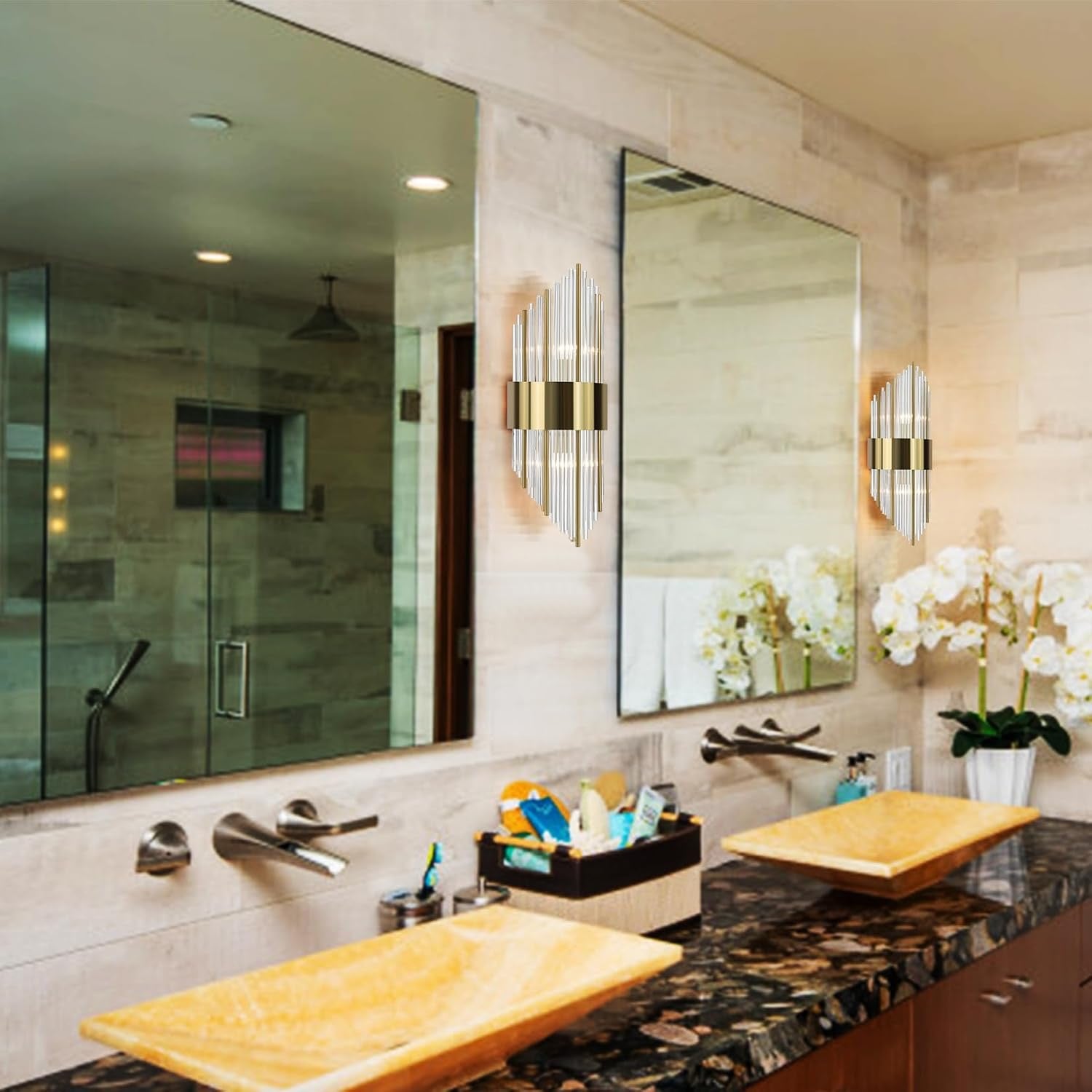 Modern Gold Crystal Wall Sconces Set of 2 | Brass & Glass 2-Light Vanity Wall Lighting