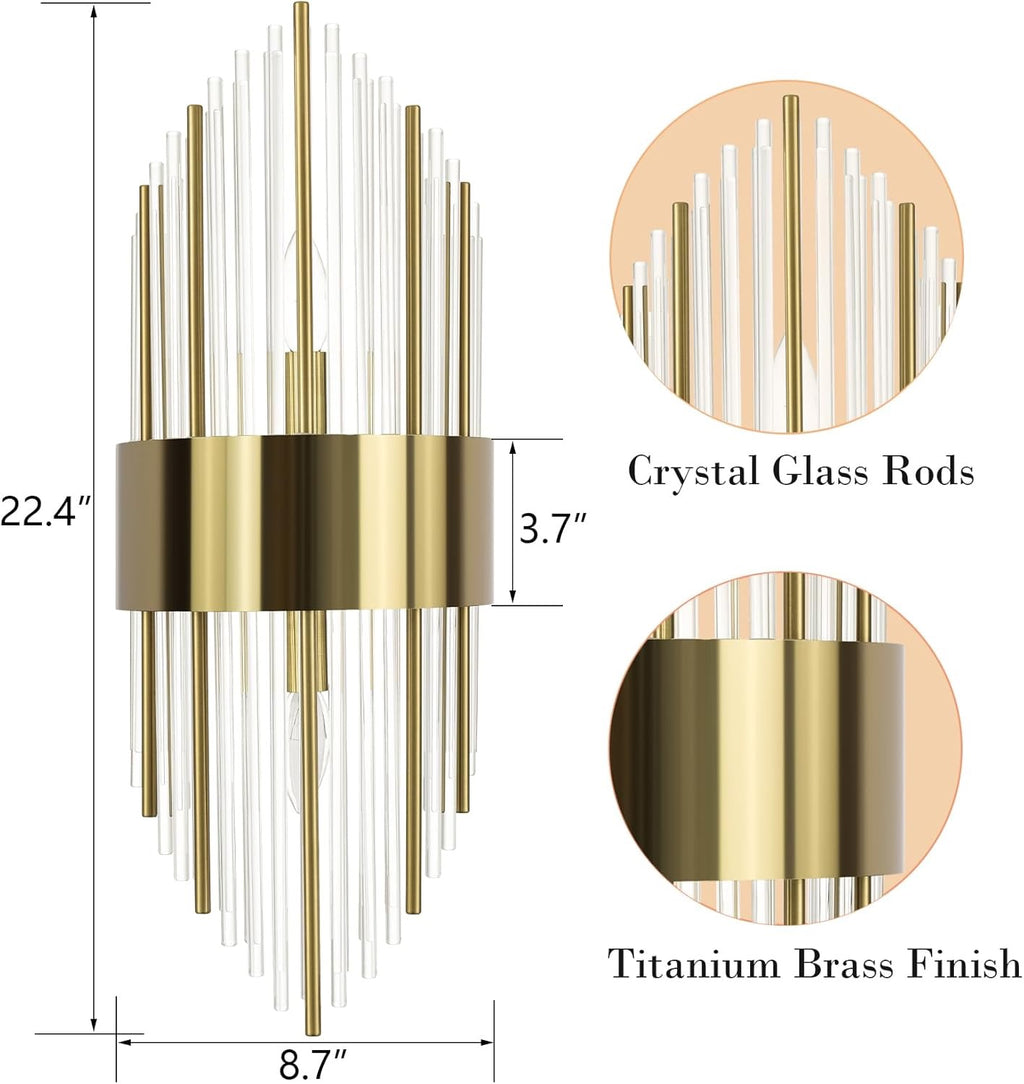 Modern Gold Crystal Wall Sconces Set of 2 | Brass & Glass 2-Light Vanity Wall Lighting