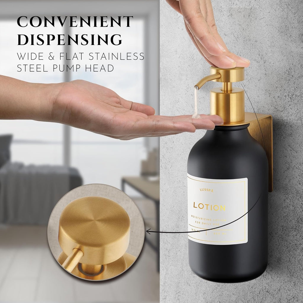 Wall Mounted Shower Dispenser Set 3 Bottles Black Gold | Refillable Shampoo Soap Dispensers No Drill Adhesive Bathroom Organizer