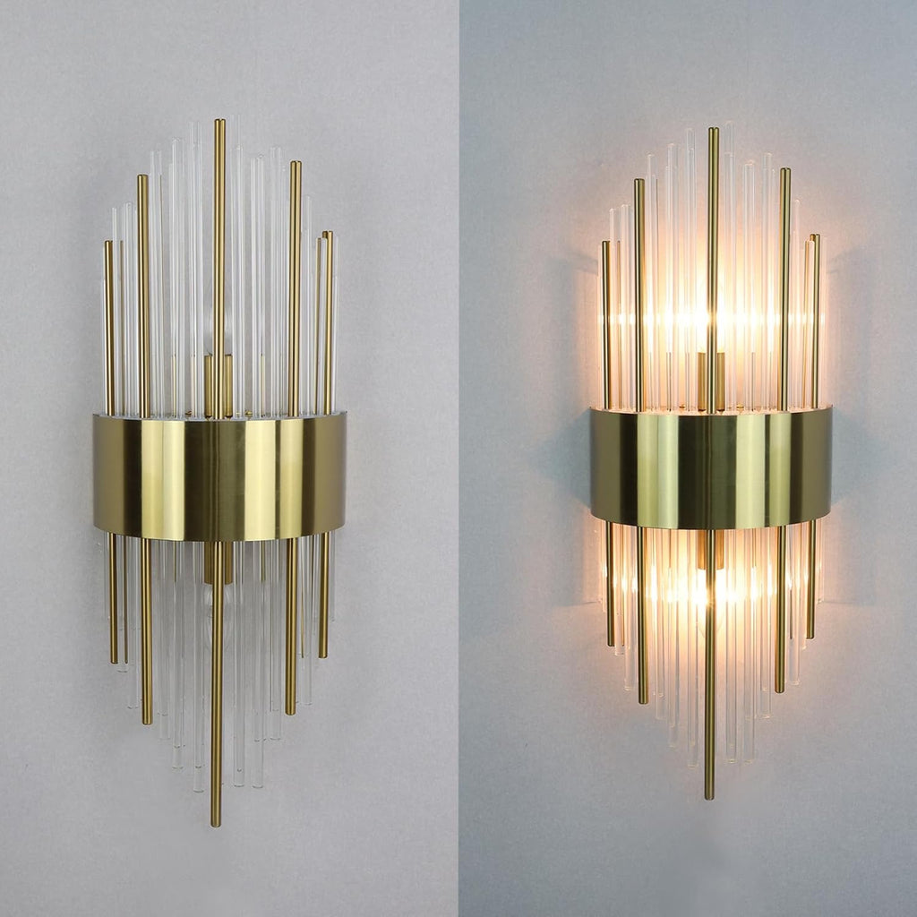 Modern Gold Crystal Wall Sconces Set of 2 | Brass & Glass 2-Light Vanity Wall Lighting