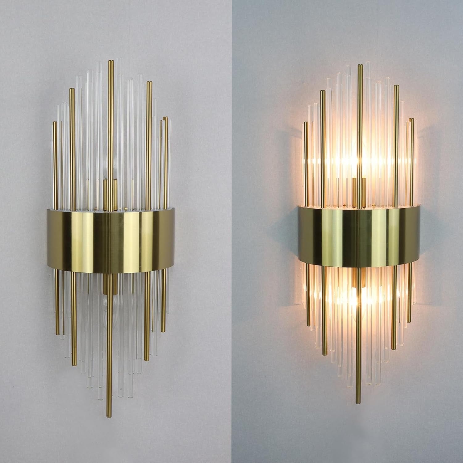 Modern Gold Crystal Wall Sconces Set of 2 | Brass & Glass 2-Light Vanity Wall Lighting
