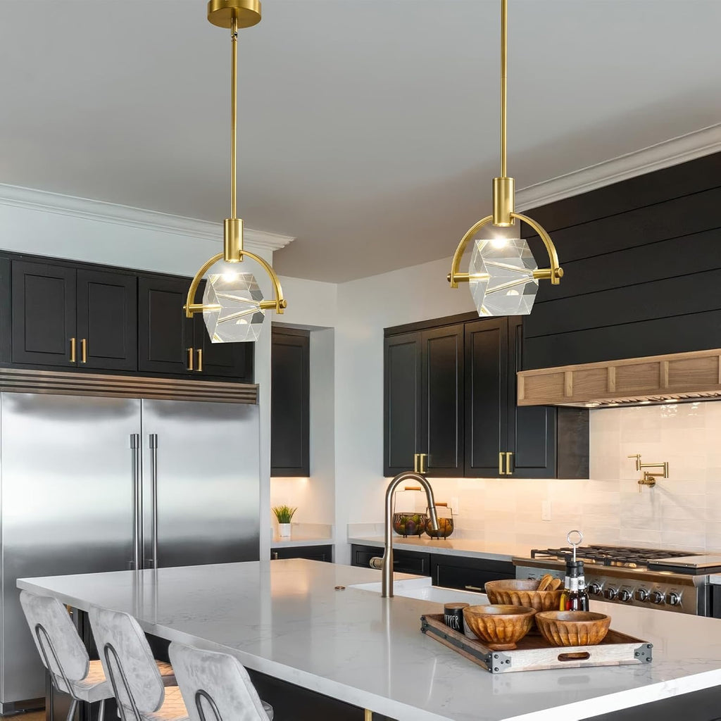 Modern Crystal LED Pendant Light Semi-Circle | K9 Crystal Brushed Gold Dimmable Hanging Light Fixture